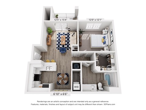 Floor plan for 1 bed, 1 bath, 725 sqft